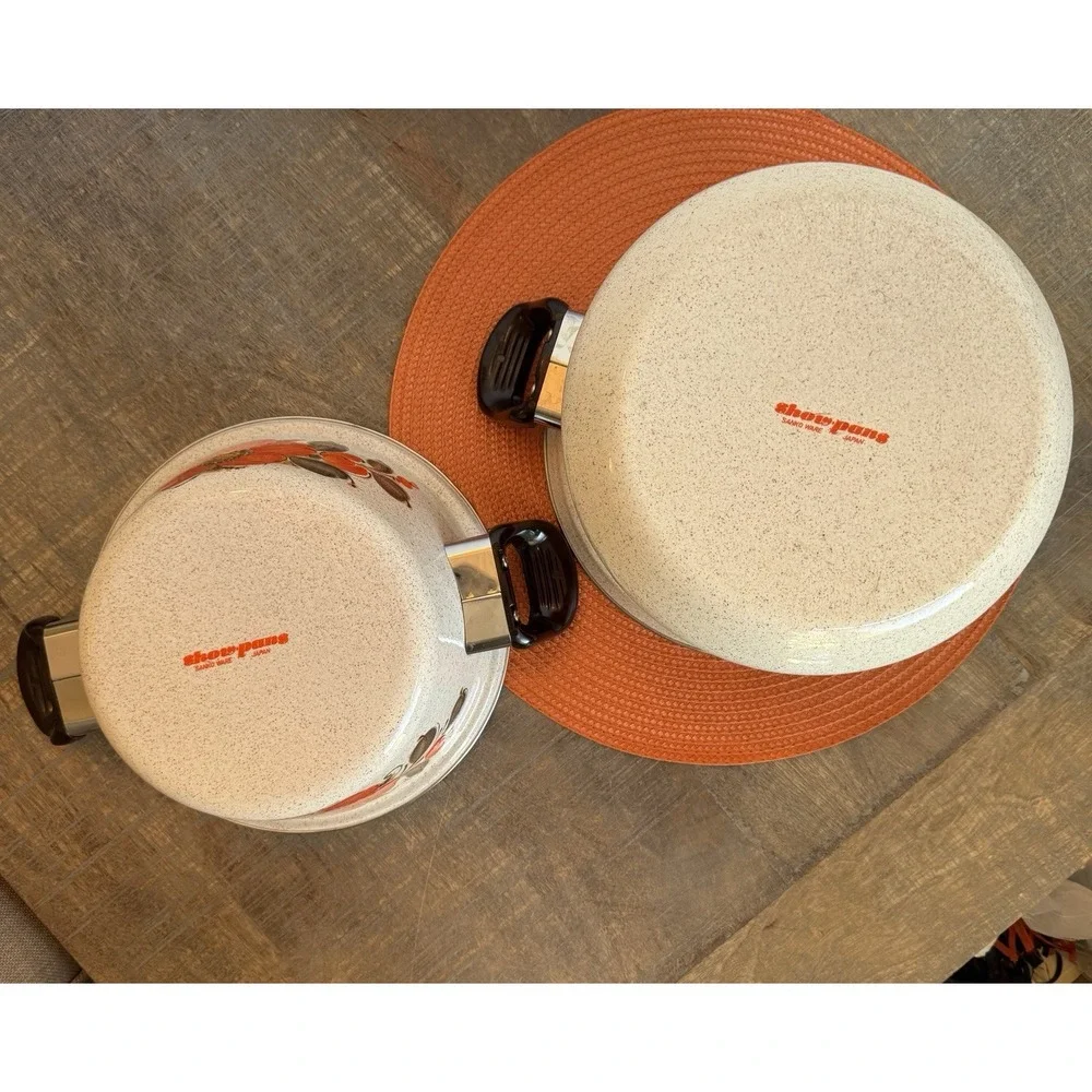 Vintage Sanko Show Ware  Enamel Orange Poppy Set Of 2 Stock Pot/ Dutch Oven